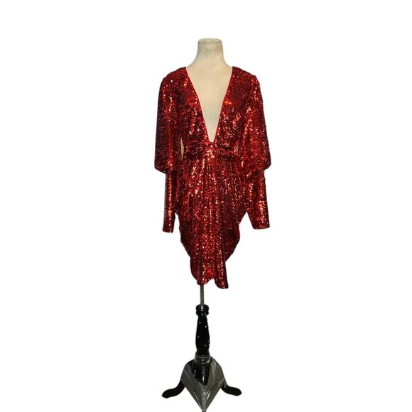 Gabrielle Union red sequins long sleeves deep v neck party dress size medium - Picture 13 of 16